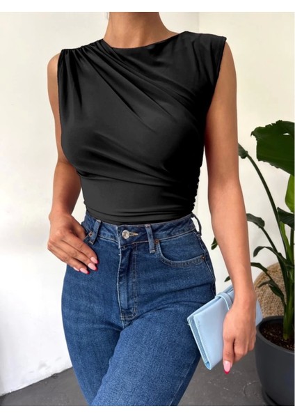 Bisiklet Yaka Sıfır Kol Sandy Bluz -Siyah modelleri
