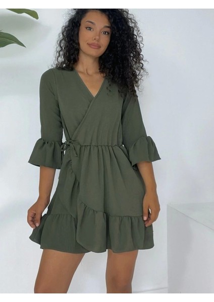 Eteği ve Kolları Fırfırlı Beli Lastikli Ayrobin Elbise -Haki