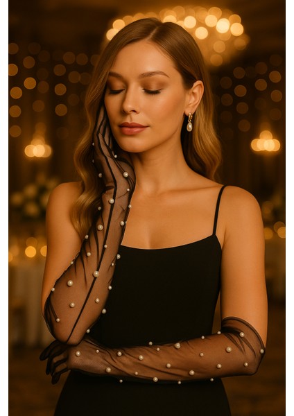 Şık Incili Gelin Düğün Eldiveni Özel Geceler Için Beyaz Uzun Tül Eldiven