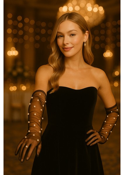 Şık Incili Gelin Düğün Eldiveni Özel Geceler Için Beyaz Uzun Tül Eldiven modelleri