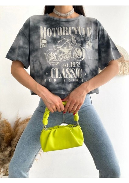Motosiklet Baskılı Yıkamalı Crop Tişort -Gri