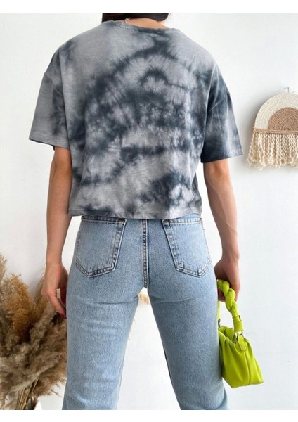 Motosiklet Baskılı Yıkamalı Crop Tişort -Gri fiyatları