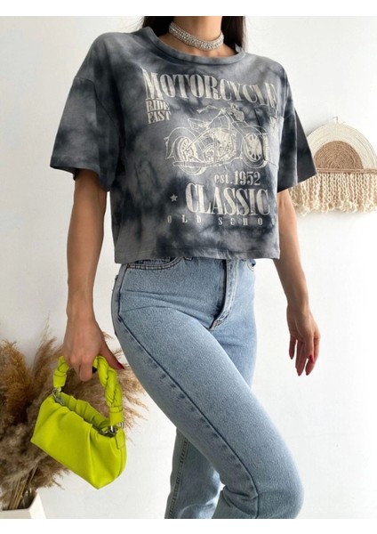 Motosiklet Baskılı Yıkamalı Crop Tişort -Gri modelleri