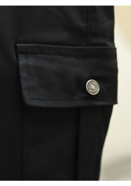 Beli ve Paçası Lastikli Bağcıklı Kargo Kot Pantolon -Siyah