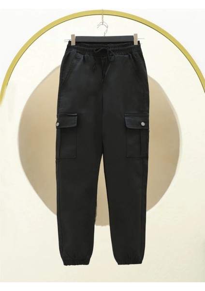 Beli ve Paçası Lastikli Bağcıklı Kargo Kot Pantolon -Siyah modelleri
