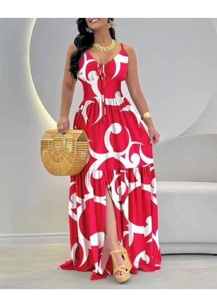 Kadın Ip Askılı Dekolteli Bağcıklı Yırtmaçlı Desenli Süprem Elbise modelleri