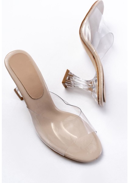 S-619 Bej Rugan Şeffaf Bantlı Şeffaf Topuklu Yuvarlak Burunlu Kadın Terlik fırsatları