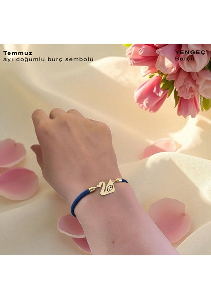 14 Ayar Altın Plakalı Temmuz Ayı Doğumları Için Kuğu Kuşu Motifli Mavi Örgülü Hediye BILEKLIK-604AY