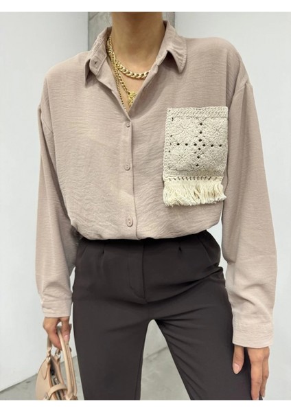 Örgü Cepli Düğmeli Ayrobin Gömlek -Açık Vizon modelleri