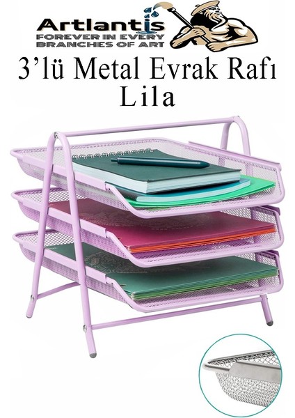 Evrak Rafı Metal 3 Lü Lila 1 Paket Masaüstü A4 Dosya Düzenleyici Kağıt Tepsisi Metal Çelik Fileli Dört Katlı Hareketli