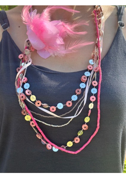 Şeker Pembe Broşlu Boncuk Tasarım Kadın Kolye 30 cm modelleri