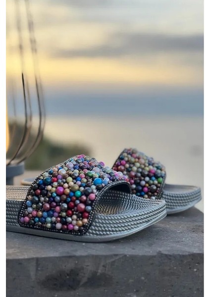 Kadın Renkli Boncuklu Gümüş Yazlık Terlik fiyatları
