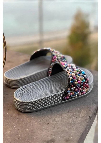 Kadın Renkli Boncuklu Gümüş Yazlık Terlik modelleri