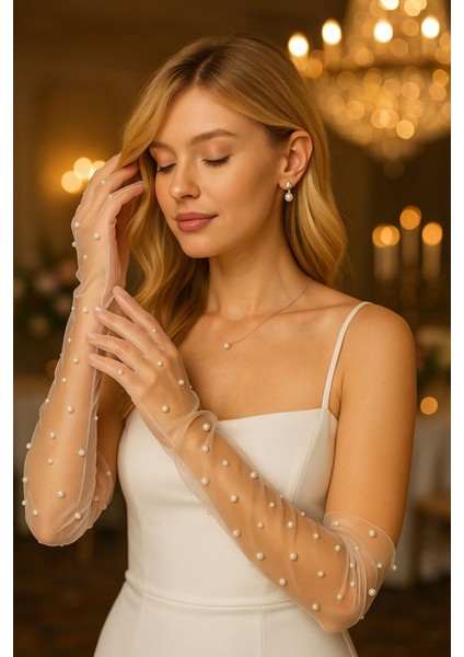 Şık Incili Gelin Düğün Eldiveni Özel Geceler Için Beyaz Uzun Tül Eldiven