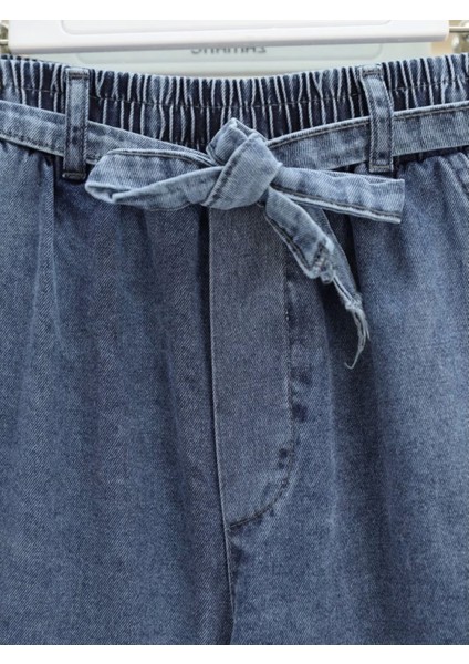 Bol Paça Beli Lastikli Kuşaklı Kot Pantolon -Buz Mavi