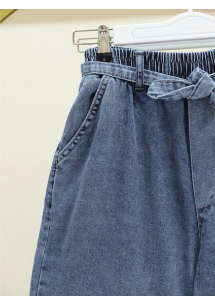 Bol Paça Beli Lastikli Kuşaklı Kot Pantolon -Buz Mavi fiyatları
