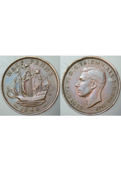 Birleşik Krallık Yarım Penny 1940 Kral 6. George II. Dünya Savaşı Dönem Yelkenli Gemi. İngiltere