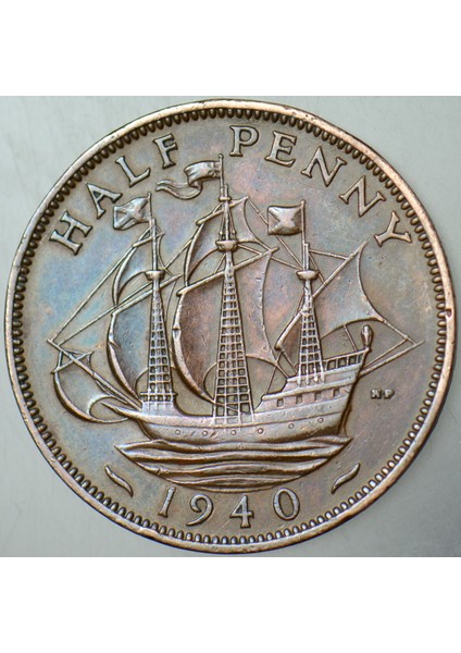 Birleşik Krallık Yarım Penny 1940 Kral 6. George II. Dünya Savaşı Dönem Yelkenli Gemi. İngiltere fiyatları