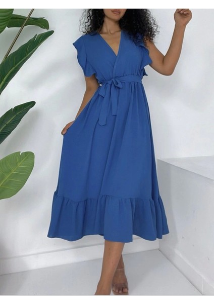 Omuzları Fırfırlı Sıfır Kol Beli Lastikli Bağcıklı Ayrobin Elbise -Koyu Mavi