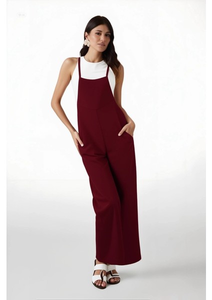 Kadın Bordo Ayarlanabilir Askılı Cepli Bol Paça Bahçıvan Tulum HZL22S-BD170191