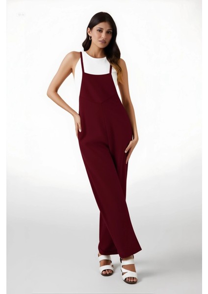 Kadın Bordo Ayarlanabilir Askılı Cepli Bol Paça Bahçıvan Tulum HZL22S-BD170191 fiyatları