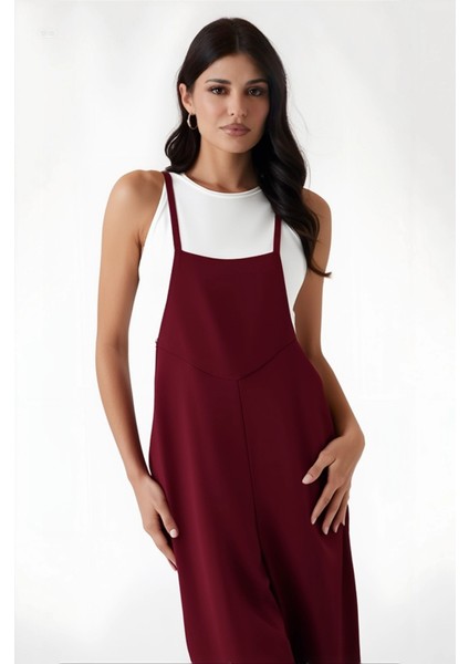 Kadın Bordo Ayarlanabilir Askılı Cepli Bol Paça Bahçıvan Tulum HZL22S-BD170191 modelleri
