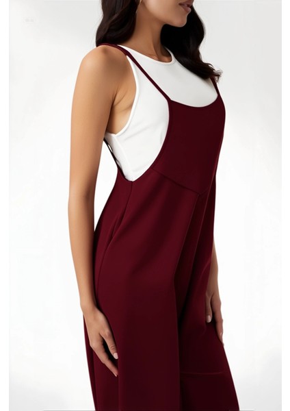 Kadın Bordo Ayarlanabilir Askılı Cepli Bol Paça Bahçıvan Tulum HZL22S-BD170191 fırsatları