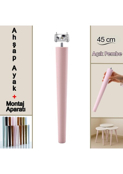 Ahşap Ayak 45 cm Açık Pembe M8 Civatalı Bağlantı Aparatlı Mobilya Tabure Sehpa Masa Destek Ayağı