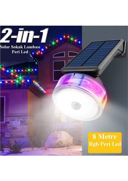 2in1 Güneş Enerjili 38 Ledli Solar Sokak Lambası + Solar 8 Metre Rgb Peri LED Hareket Sensörlü