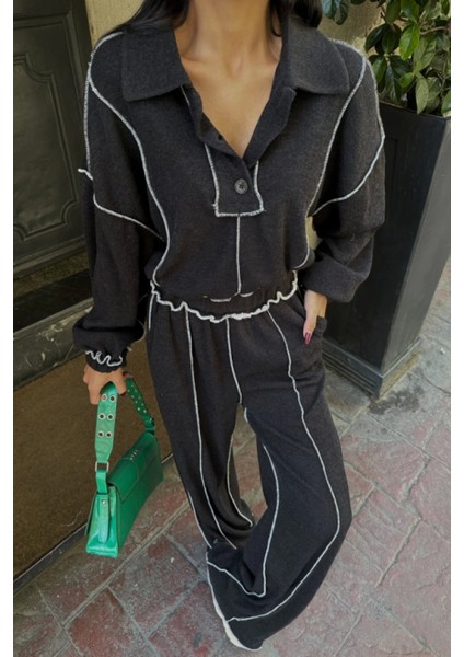 Biyeli Bluz Pantolon Takım Şönil Kumaş - Siyah