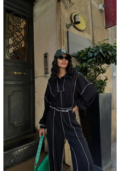 Biyeli Bluz Pantolon Takım Şönil Kumaş - Siyah fiyatları