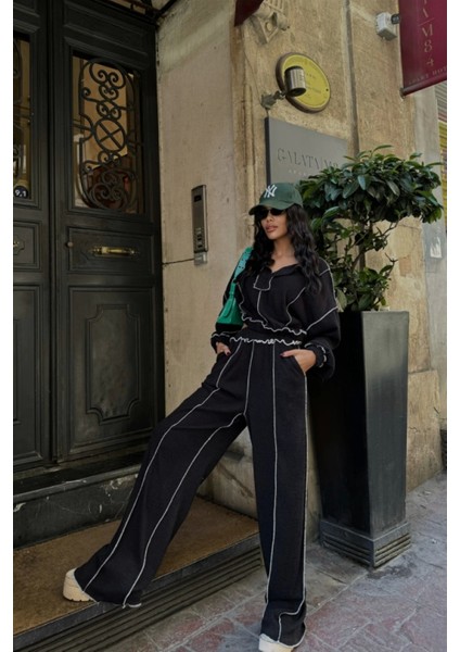 Biyeli Bluz Pantolon Takım Şönil Kumaş - Siyah modelleri