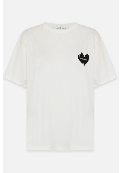 Ekru Bisiklet Yaka Kısa Kollu Nakışlı T-Shirt