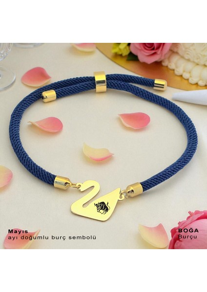14 Ayar Altın Plakalı Boğa Burçlarına Özel Mavi Örgülü Kuğu Kuşu Motifli Hediye BILEKLIK-604BURÇ fiyatları