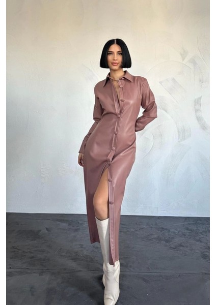 Pudra Boydan Düğmeli Deri Elbise modelleri