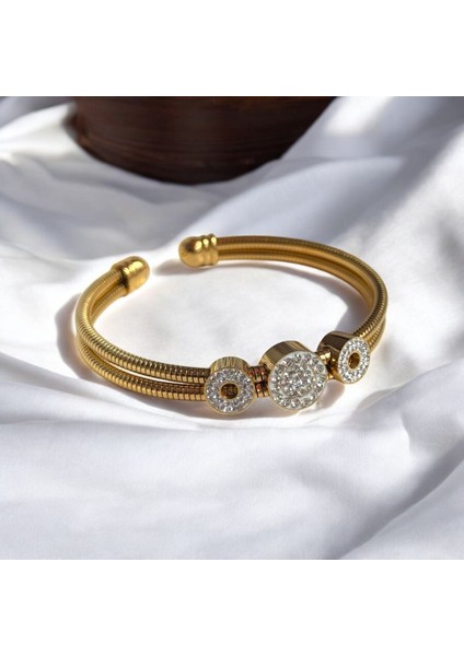 Üçlü Yuvarlak Taşlı Zarif Kadın Çelik Kelepçe