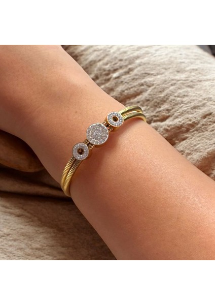 Üçlü Yuvarlak Taşlı Zarif Kadın Çelik Kelepçe fiyatları