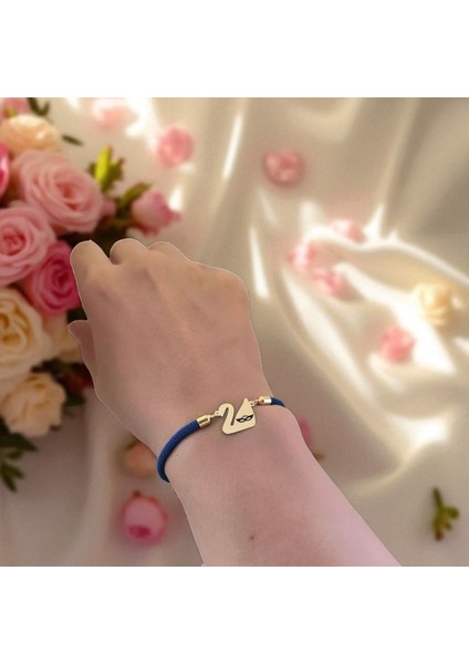Altın Plakalı 14 Ayar Bal Maske Temalı Mavi Örgülü Kuğu Kuşu Motifli Hediye BILEKLIK-604SEMBOL