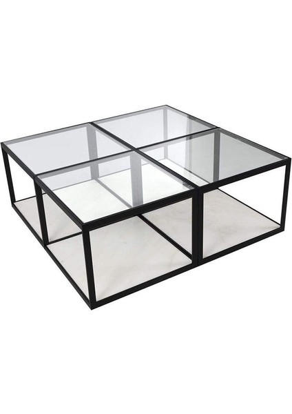 Meteo Siyah Metal Cam Ahşap 4'lü Orta Sehpa