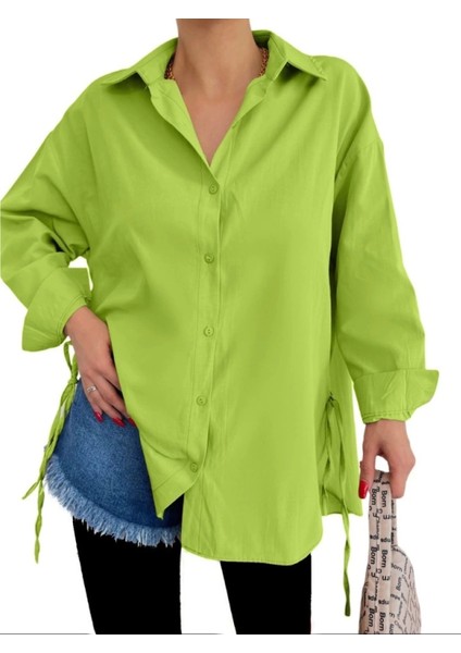 Yanları Bağcıklı Arkası Uzun Gömlek -F.yeşili