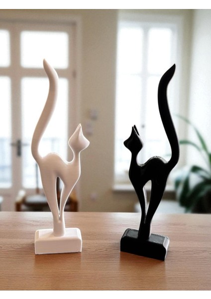 Siyah Beyaz Ikili Minimal Kedi Heykel Seti – Dekoratif Masa ve Raf Süsü