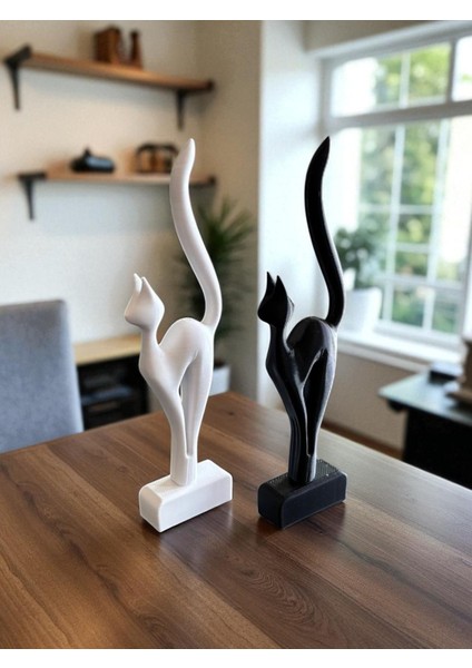 Siyah Beyaz Ikili Minimal Kedi Heykel Seti – Dekoratif Masa ve Raf Süsü modelleri
