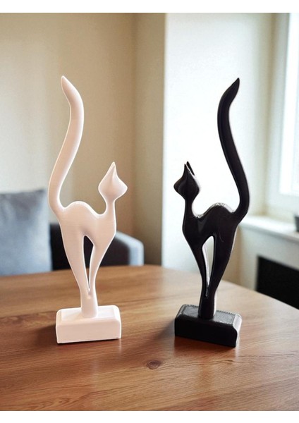 Siyah Beyaz Ikili Minimal Kedi Heykel Seti – Dekoratif Masa ve Raf Süsü fırsatları
