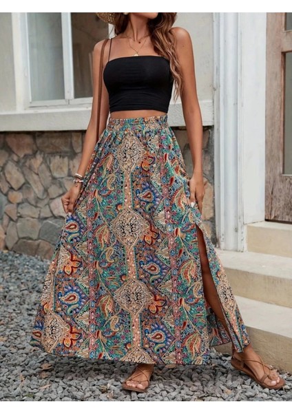 Kadın Beli Büzgülü Yandan Yırtmaçlı Desenli Süprem Etek fiyatları