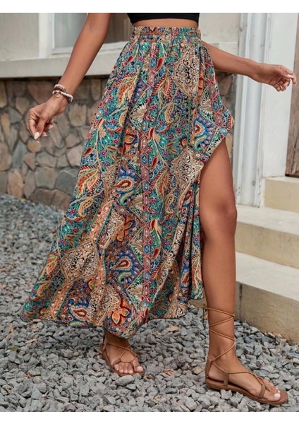 Kadın Beli Büzgülü Yandan Yırtmaçlı Desenli Süprem Etek modelleri