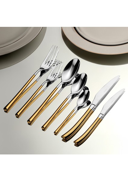 Elegance Altın Saten 12 Kişilik 84 Parça Deri Kutulu Çatal Kaşık Bıçak Takımı