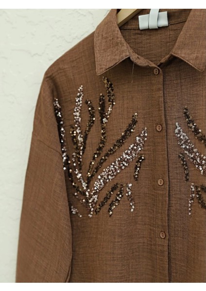 Önü Pul Payetli Uzun Gömlek -Kahve