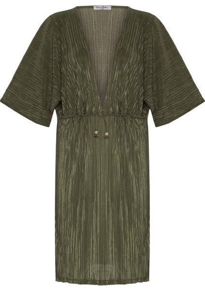 V Yaka Kanal Büzgülü Piliseli Saten Haki Tunik