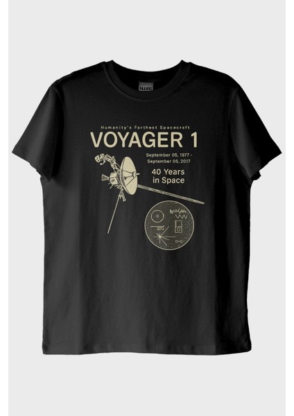 Uzay Keşfi Temalı Retro Voyager 1 Bilim Siyah Tişörtü