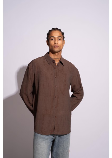 Erkek Uzun Kollu Kırçıllı Gömlek Kahverengi